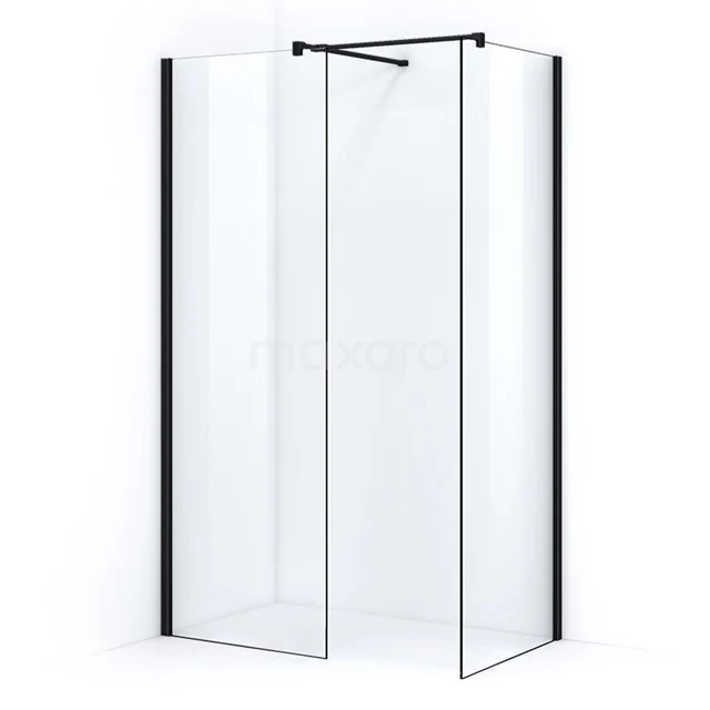 Matt Schwarz Glas Duschwand mit Eckaufstellung, minimalistisches Design, ideal als moderne Badezimmer Trennwand.