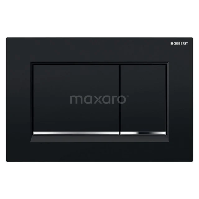 Schwarze Bedienungsplatte Geberit Sigma50, schlichtes Design, hochwertiges Material, ideal für moderne Bäder.