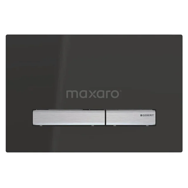 Schwarze glänzende Bedienungsplatte mit silbernen Knöpfen der Marke Geberit, ideal für eine moderne Badezimmergestaltung.