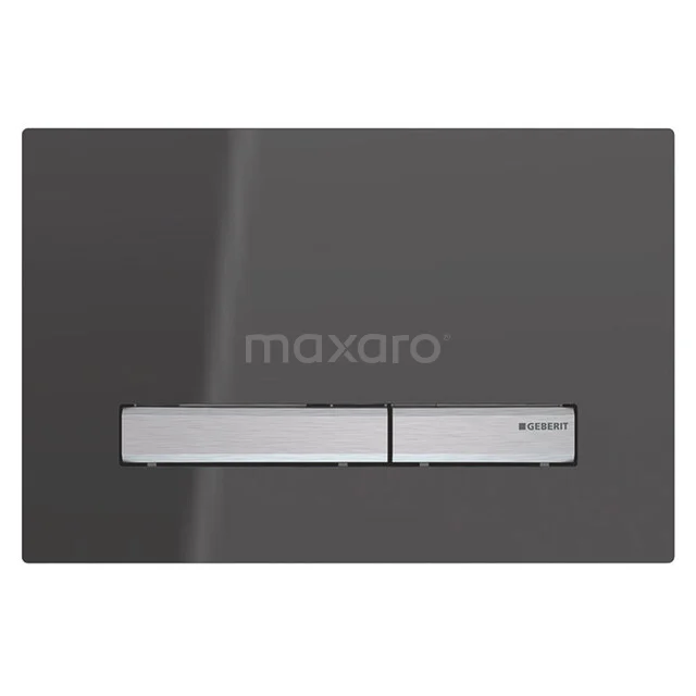 Schwarze Betätigungsplatte mit doppelten Chromknöpfen, Geberit Sigma50 Serie, modernes Design für WCs im Badezimmer.