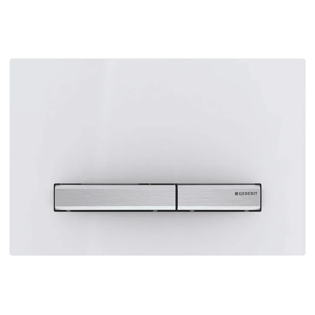 Weißes Bedienfeld mit silbernen Knöpfen aus verchromter Ausführung, ideal für einen modernen WC-Stil im Badezimmer.