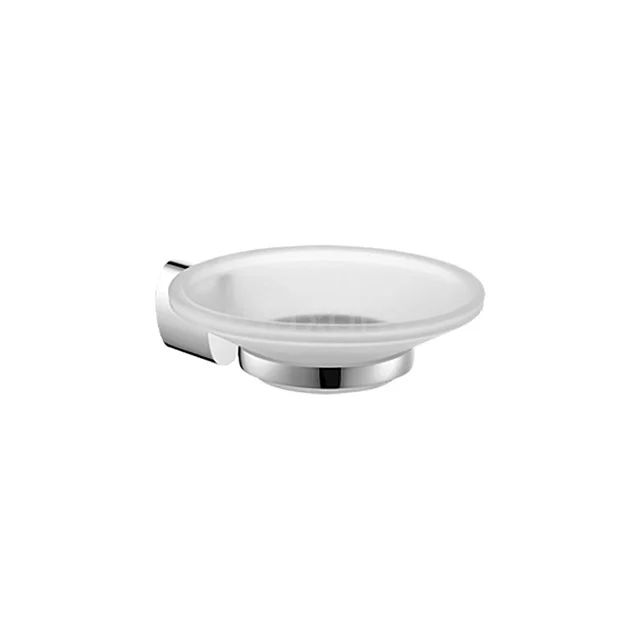Chrome wall soap dish with frosted glass bowl, ideal as a stylish bathroom accessory for an organised basin.