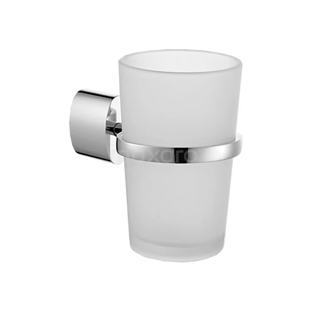 Bathroom Cup Holder with Glass, Leva, Hanging, Chrome 91.500.100 Frosted glass toothbrush holder with round chrome wall mounting, ideal for modern bathroom design.