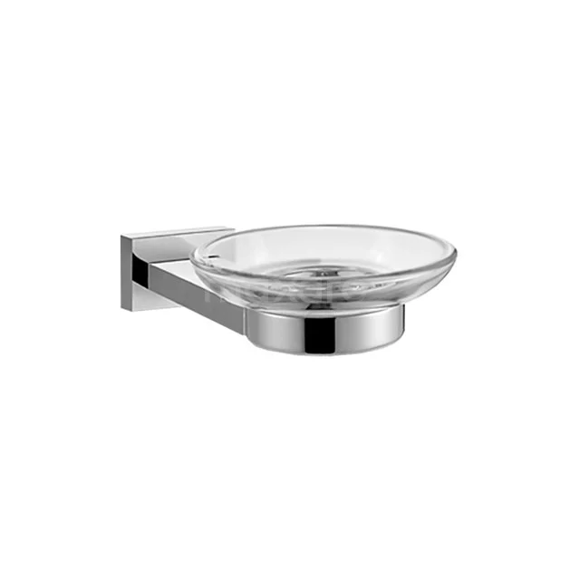 Wandzeepbakje van glas en roestvrij staal, modern design, ideaal als stijlvolle badkameraccessoire.
