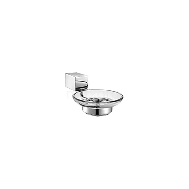 Wandgemonteerde zeepdispenser van glas en chroom; stijlvol badkameraccessoire uit de moderne Cube-serie.