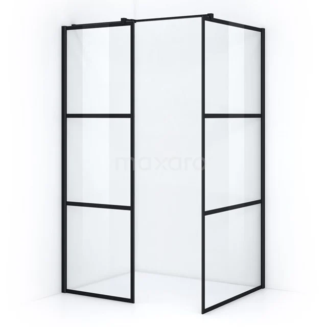 Black corner shower enclosure with clear glass and metal frame, industrial style, perfect for modern bathroom design.