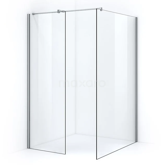 Glas Duschwand Eckaufstellung, transparentes Sicherheitsglas mit silberfarbenen Profilen, ideal für ein modernes Badezimmer.