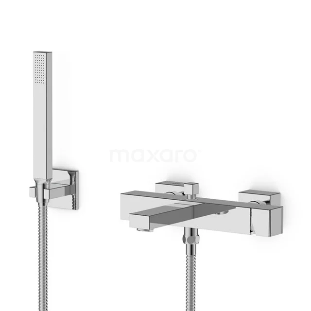 Chromfarbene, moderne Badewannenarmatur mit geraden Linien, einschließlich Handbrause und Wandgriff, ideal für das zeitgenössische Badezimmer.