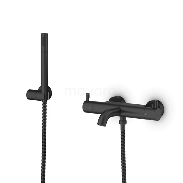 Black thermostatic bath tap with handheld shower, modern design, brass material, ideal as a stylish bathroom accessory.