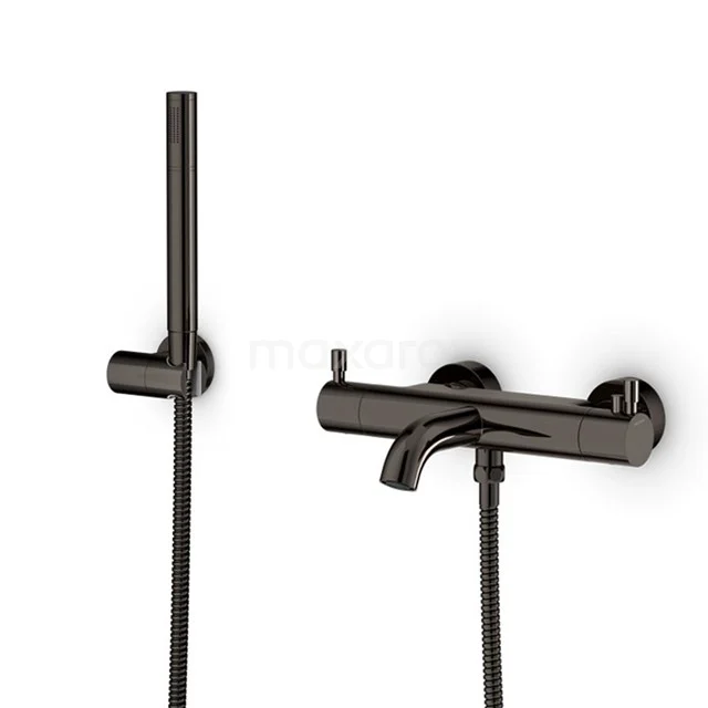 Matte black bath tap with handheld shower, sleek design, ideal for modern bathroom styles.