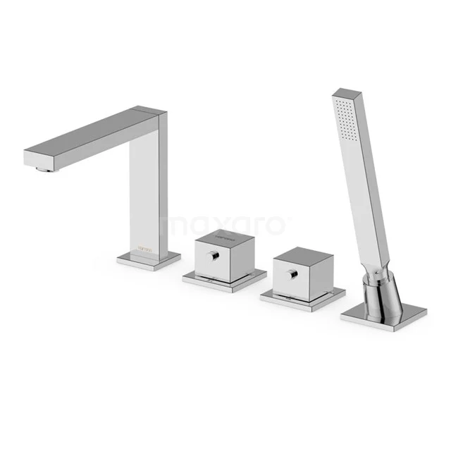 Kubische Badewannenarmatur | Chrom Thermostatisch mit Handbrause | Wannenrandmontage BSE-2203-00001 Vierteilige moderne Badewannenarmatur aus Edelstahl mit quadratischen Formen, perfekt für einen klaren Badezimmerstil.