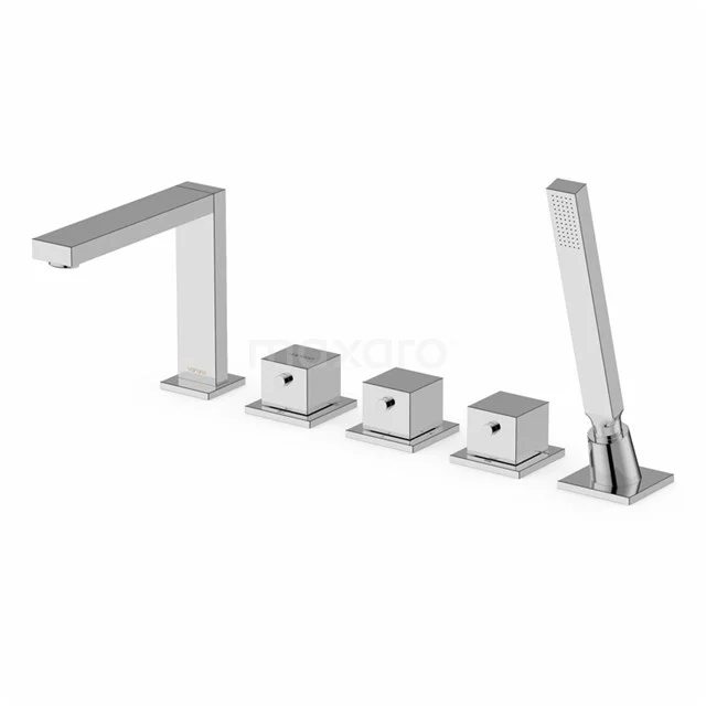 Thermostatic Bath tap with Handheld shower Cubic Chrome, Bath rim mounted, Chrome BSE-2203-00003 Square bath mixer set in chrome with handheld shower, modern design, ideal for a contemporary bathroom style.