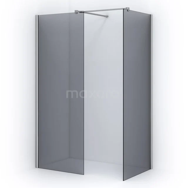 Corner shower with two matte black glass doors, minimalist design, ideal for a modern bathroom.