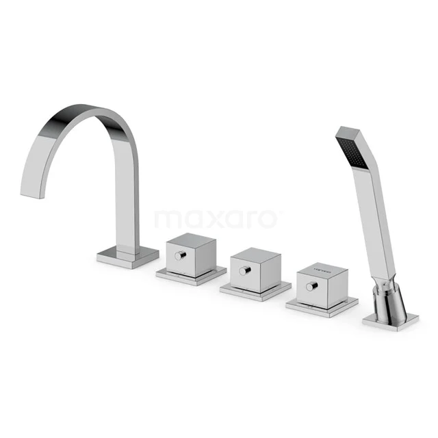 Kubische Badewannenarmatur | Chrom Thermostatisch mit Handbrause | Wannenrandmontage BSE-4403-00003 Chromfarbener gebogener Badewannenarmatur mit viereckigen Knöpfen und Handbrause, ideal für moderne Badezimmergestaltung.