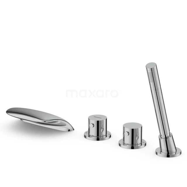 Chromatische Badewannenarmatur Set mit Handbrause, minimalistisches Design, runde Knöpfe, ideal für moderne Badezimmerstile.