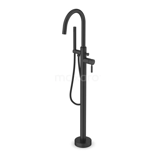 Freestanding bath tap with handheld shower Radius Black, Single lever mixer tap, Black BSG-5503-20001 Freestanding black bath tap with round shapes, handheld shower and slim stand, ideal for a modern bathroom.