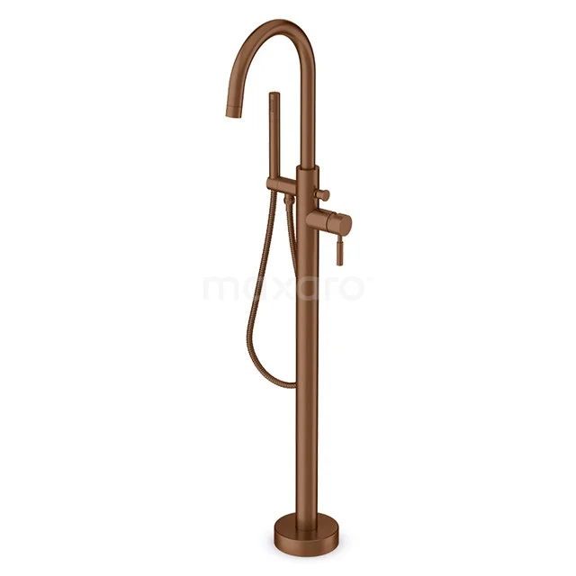 Freestanding copper bath tap with handheld shower, slim design, ideal as a stylish addition for modern bathrooms.