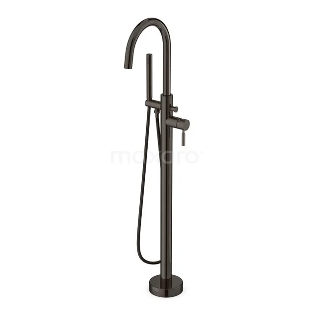 Freestanding bronze bath tap with curved spout and handheld shower, perfect for a modern bathroom style.