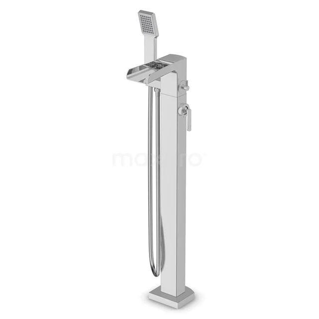 Freestanding bath tap with handheld shower, chrome finish, modern design, ideal for luxury bathroom fittings.
