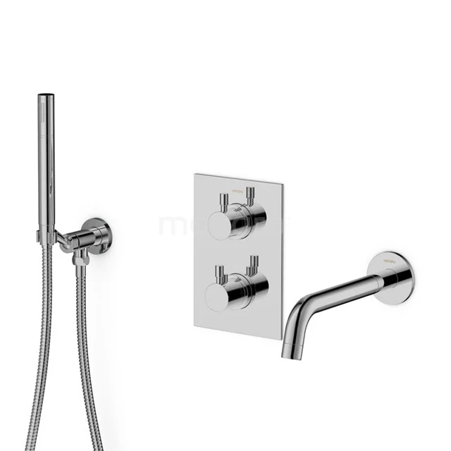Recessed shower set chrome, square thermostatic knobs, including handheld shower and wall spout, modern design for luxury bathrooms.