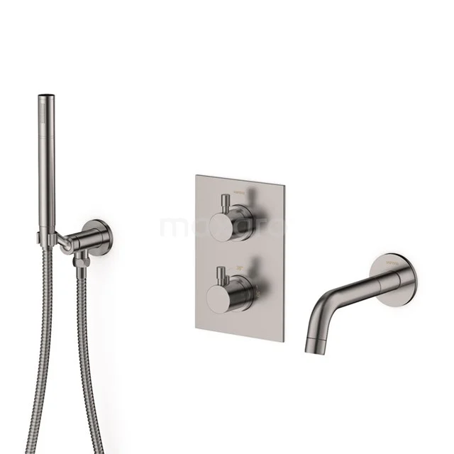 Matte Nickel Einbau Badewannenarmatur mit zwei Hebeln, runder Handbrause und modernem Wandauslauf; stilvoll für jedes Badezimmer.