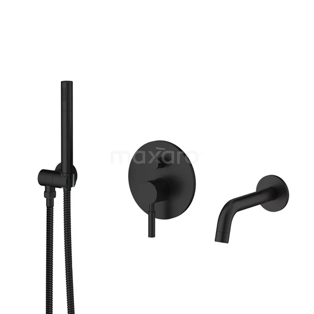 Matte black concealed bath tap with handheld shower, minimalist design, ideal for modern bathrooms.