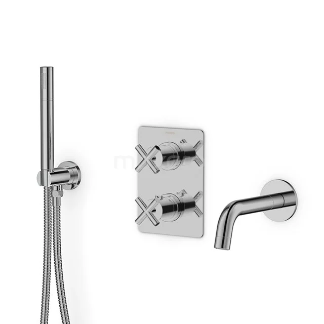 Verchromte Einbauduscharmatur mit Handbrause, moderne viereckige Knöpfe, ideal für eine stilvolle Badezimmergestaltung.