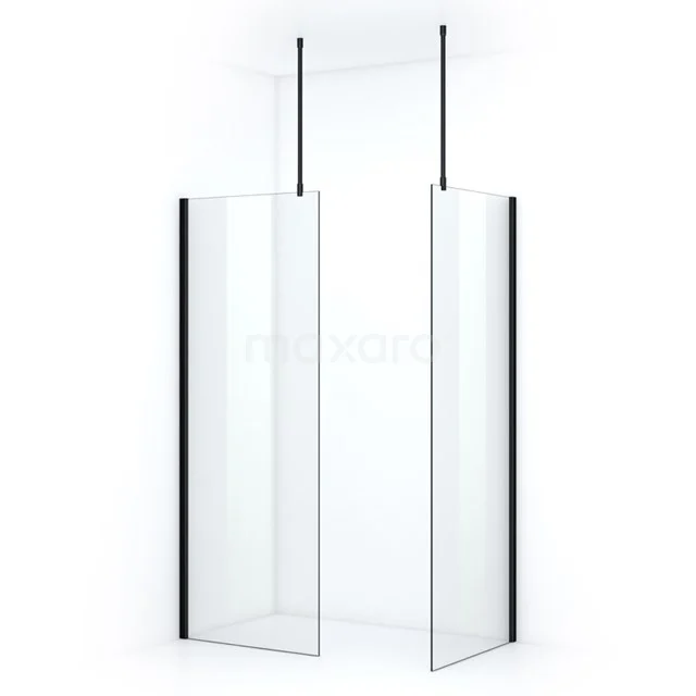 Shower screen clear glass with black profiles, minimalist design and ceiling supports, ideal for a modern bathroom.