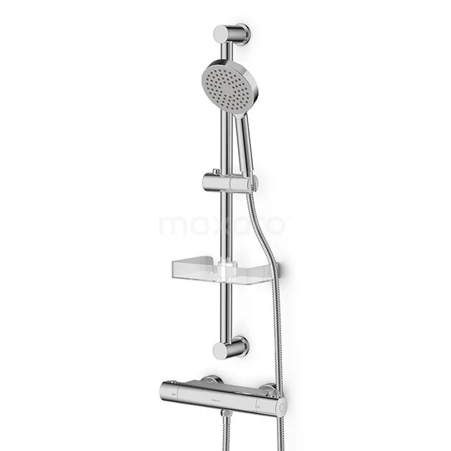 Duschset mit Thermostatarmatur Easy Chrom, Chrom DSA-0402-00000 Verstellbarer chromfarbener Duschgelhalter mit Handbrause und drei Ablagen, perfekt für eine moderne Badezimmergestaltung.