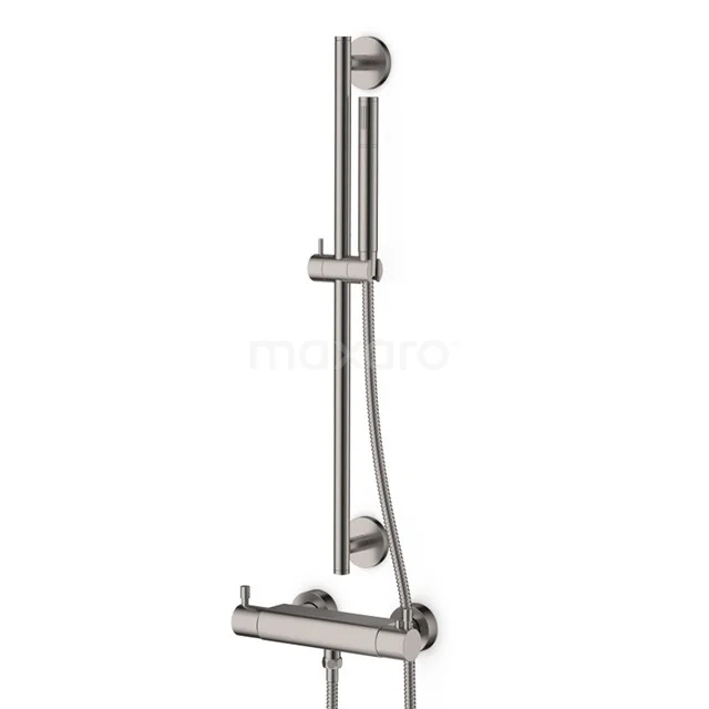 Stainless steel shower valve with sliding bar set, minimalist design, ideal for the modern bathroom.