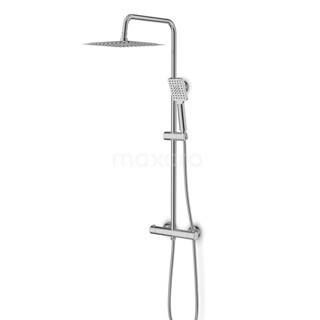 Adjustable rain shower in chrome, with handheld shower and thermostatic mixer, ideal for a modern bathroom style.