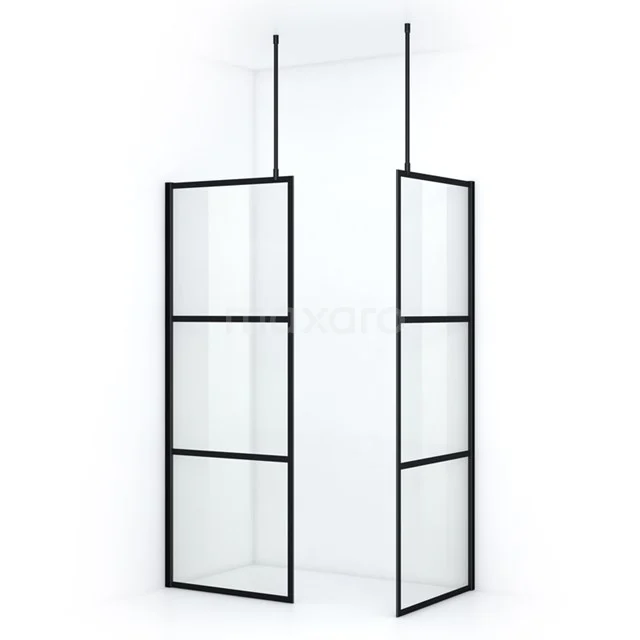 Industrial matt black shower screen made of Glass with steel frame, suitable for modern bathrooms.