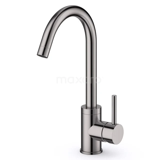 Matte Edelstahl Waschbeckenarmatur mit hoher gebogener Auslauf, schlankem Design und Einhebelbedienung; ideal für moderne Bäder.