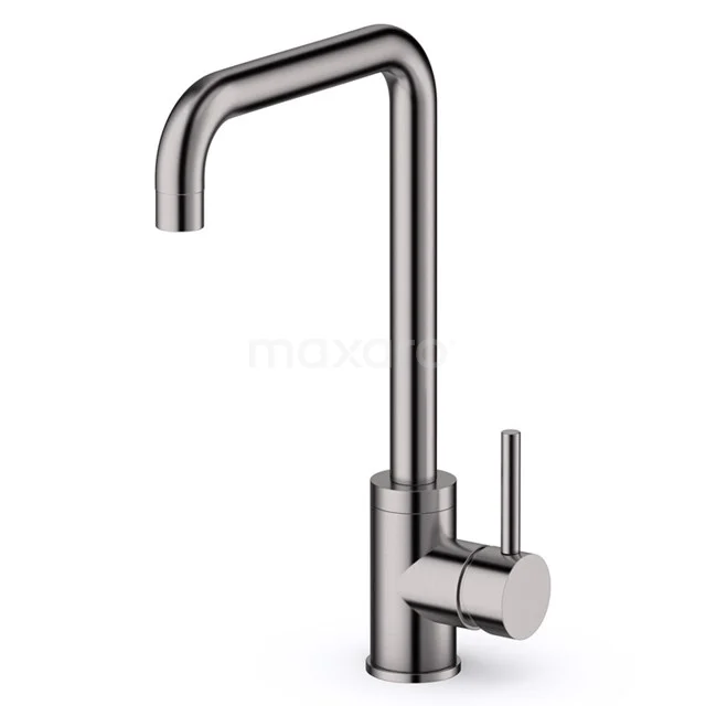 Stainless steel bathroom tap with curved spout and side lever, modern design ideal for basins, durable and stylish.