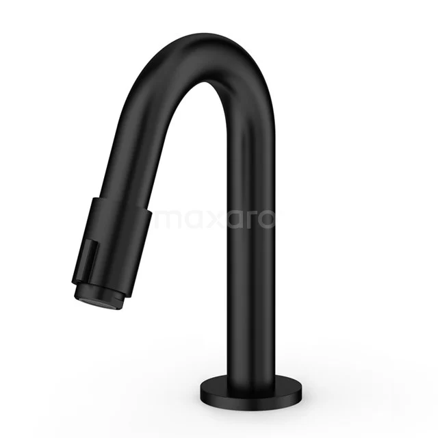 Matt Schwarz Waschbeckenarmatur mit gebogenem Design, modern und ideal für stilvolle Badezimmerinterieurs.