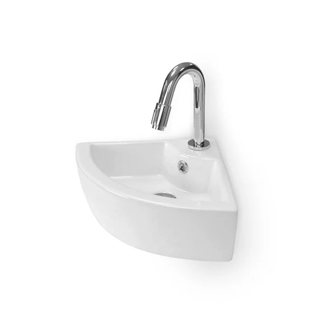 Eckwaschbecken WC Clasico Keramik Weiß Hahnloch mit Überlauf K110-1020 Eckwaschbecken aus weißer Keramik mit Chromarmatur, kompaktes Design ideal für kleine Bäder.