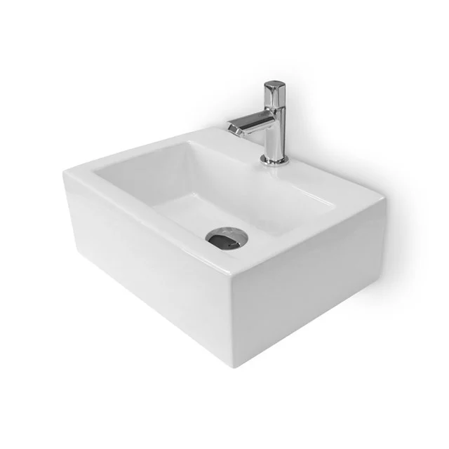 Weißes keramisches Waschbeckenmodell mit Wasserhahn und quadratischer Form, ideal als kompaktes Badezimmerelement.