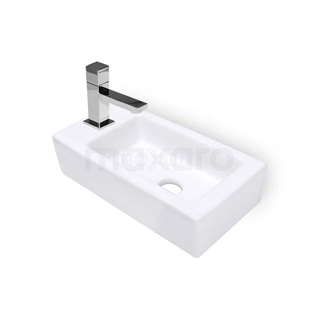 Handwaschbecken WC Clasico Keramik Weiß Hahnloch Links K110-1160 Weiße keramische Waschbecken in rechteckiger Form mit chromfarbener Armatur, kompaktes Design ideal für moderne Bäder.