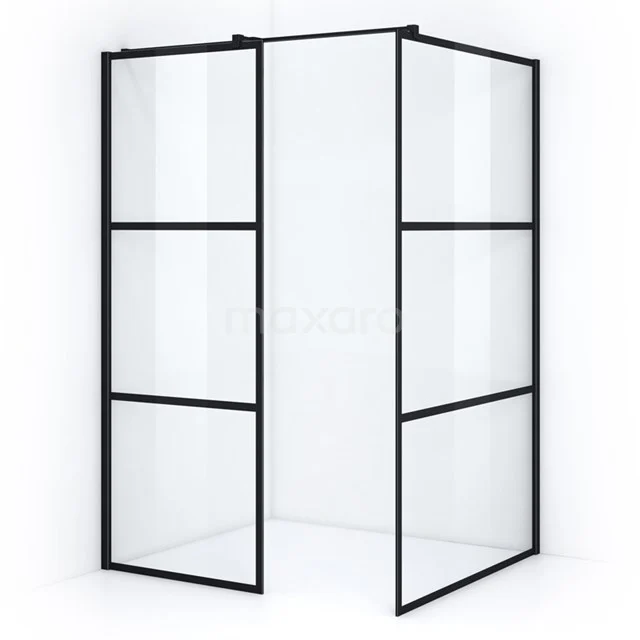 Pearl Walk-in shower | 120x80 cm Matte black Clear with 4 black stripes 2 fixed walls IPB0812408MN Black industrial shower screen with double glass and metal frame, ideal as a modern bathroom solution.