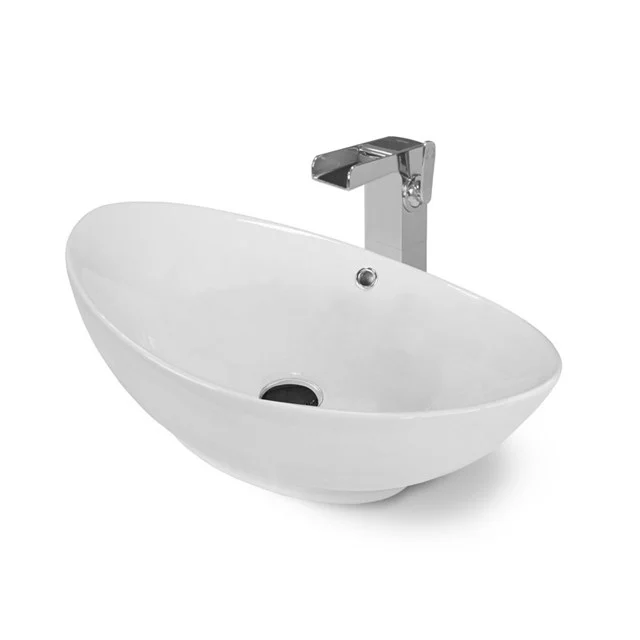 Aufsatzwaschbecken Clasico Keramik Weiß 58x38,5cm Oval K120-0170 ovales Waschbecken aus weißer Keramik mit chromarmatur, modernes Badezimmerdesign.