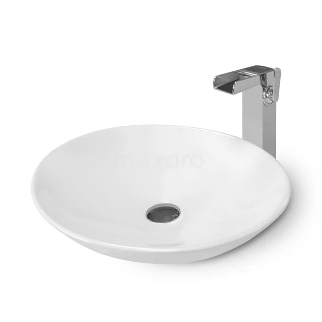 Weiße, runde keramische Waschbecken mit passendem modernen chromatischen Wasserhahn, ideal für eine stilvolle Badezimmergestaltung.