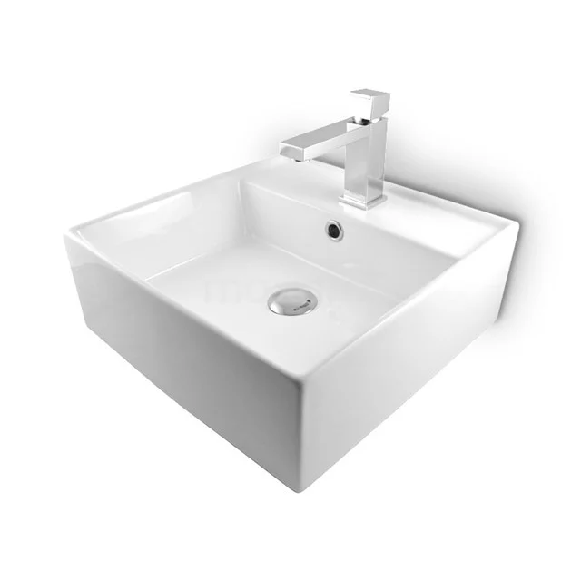Viereckiges weißes Waschbecken mit Wasserhahn, moderne keramische Oberfläche, perfekt für Badezimmerstil und Funktionalität.