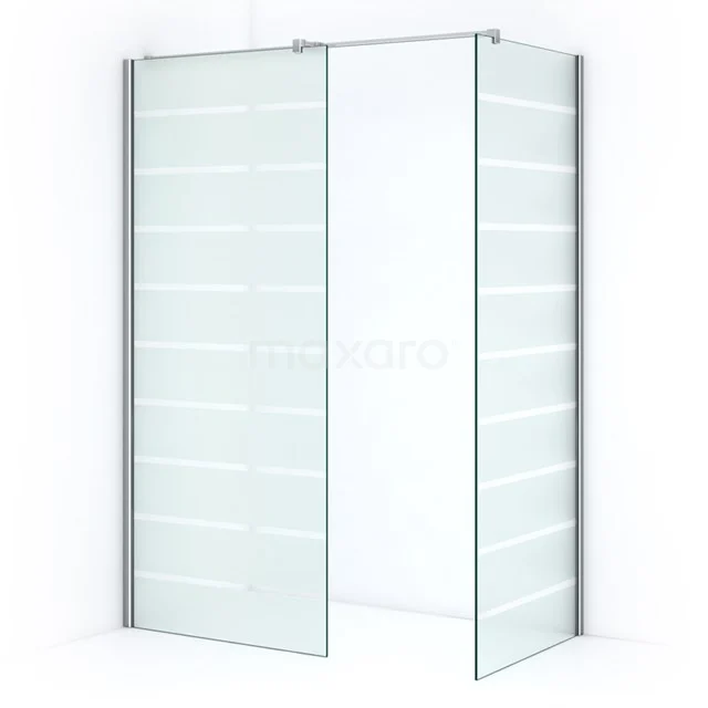 Glass shower screen with matte white stripe pattern, aluminium profiles, ideal for modern bathroom design.