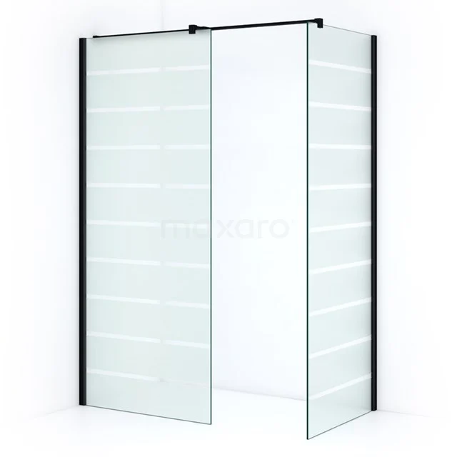 Frosted glass shower screen with black profiles, modern design, ideal for stylish bathroom design.