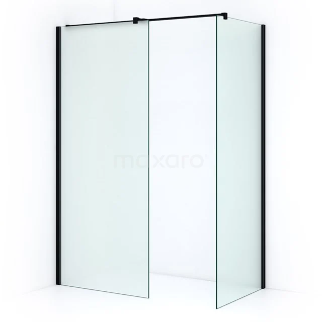 Shower screen black frame, clear glass, with double sliding door, ideal for modern bathroom design.