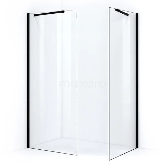 Pearl Walk-in shower | 100x100 cm Matte black Clear glass 2 fixed walls IPB1010200M Clear glass shower screen with black accents, minimalist design, ideal for a modern bathroom.
