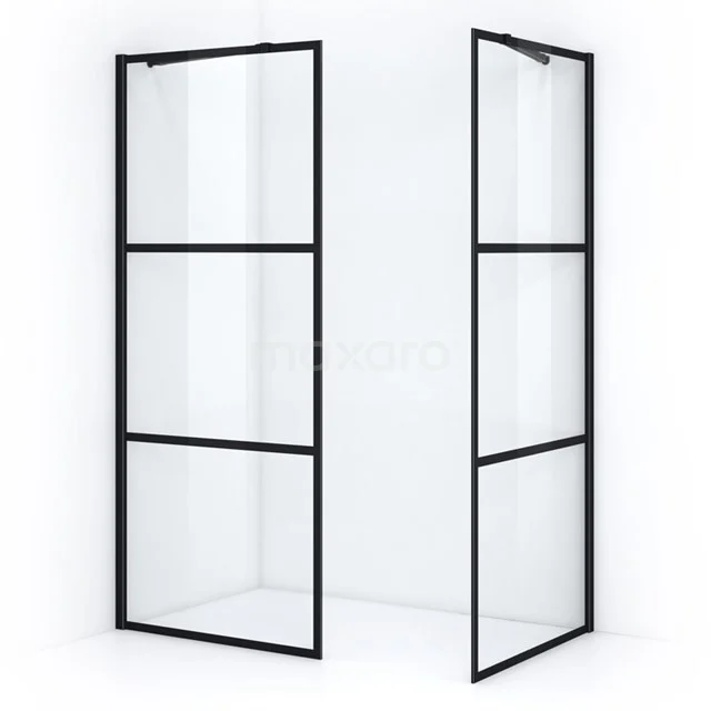 Black industrial shower screen with matte black profiles, corner unit, ideal for a stylish modern bathroom.