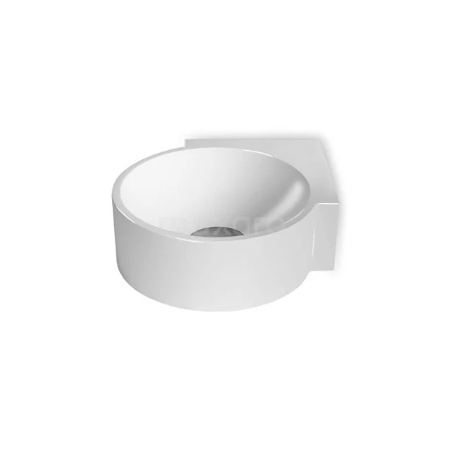 Wall fountain white ceramic, round shape, ideal for compact bathroom solutions. Minimalist design with drain at the back.