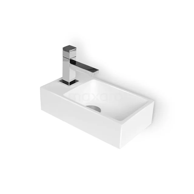 Kompakte weiße keramische Waschbecken mit rechteckigem Design und integrierter Armatur, ideal für moderne Bäder.