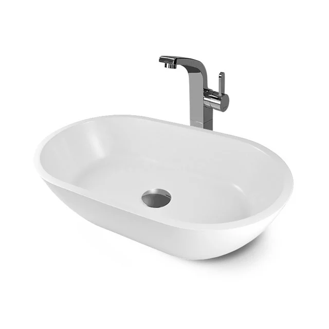 Aufsatzwaschbecken Mintra Mineralguss Glanzweiß 55x32,5cm Oval M120-0040N Ovale weiße keramische Aufsatzwaschbecken mit runder Form, schlankem Design und passendem chromfarbenen Wasserhahn; perfekt für moderne Bäder.